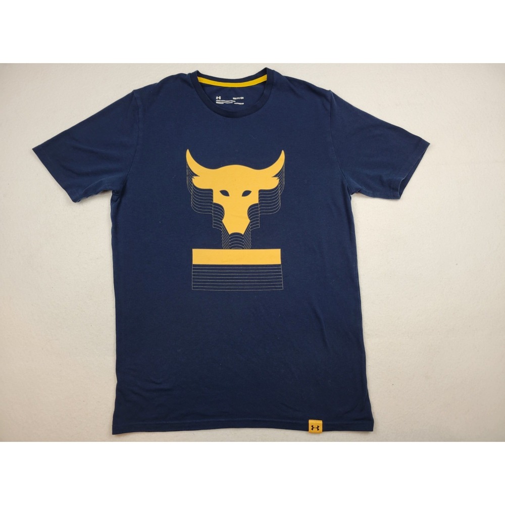 Under Armour Project Rock Bull Athletic Fit Shirt Mens Small Blue Yellow Workout